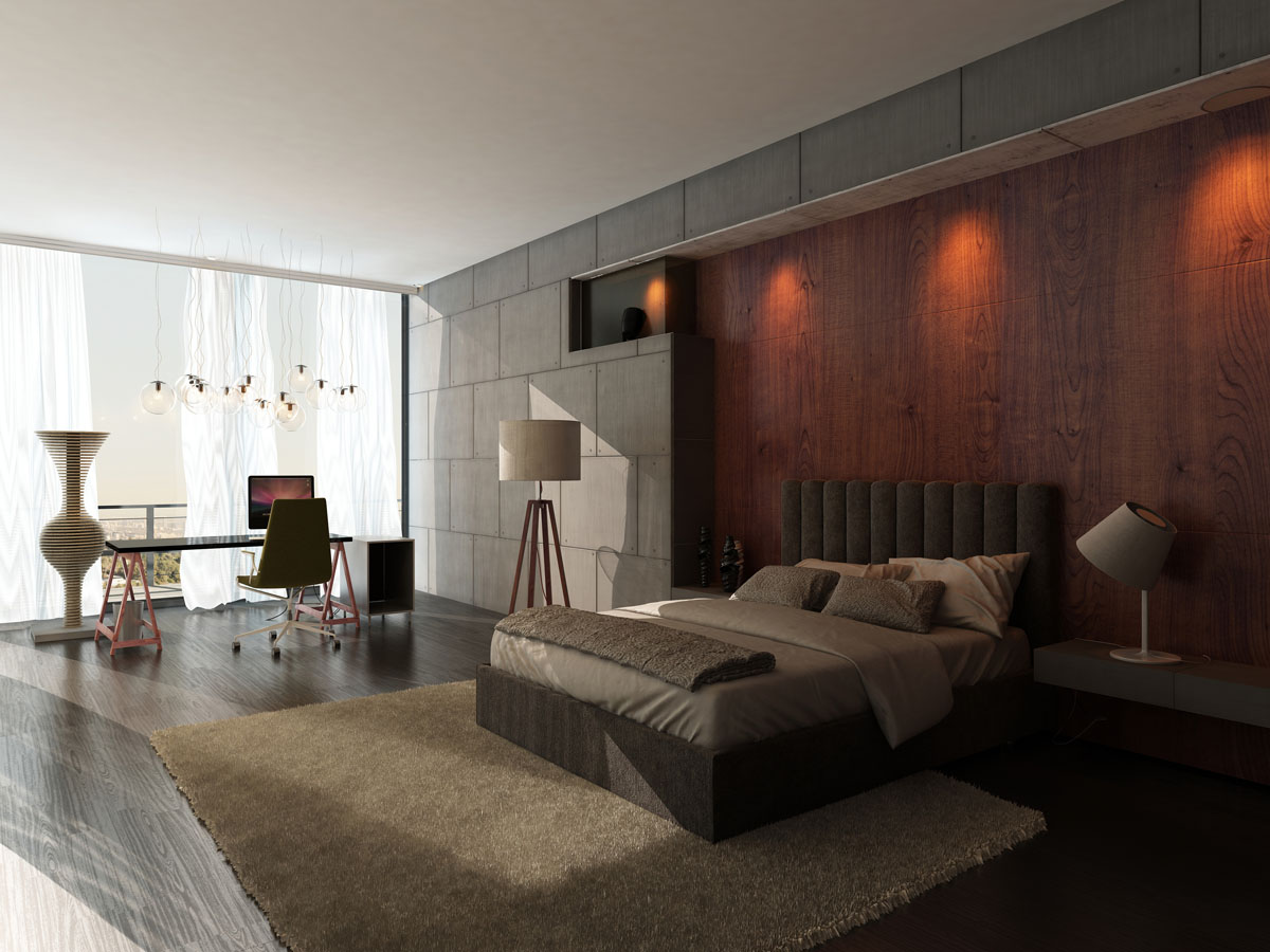 Modern design bedroom interior with kingsize bed and wooden wall